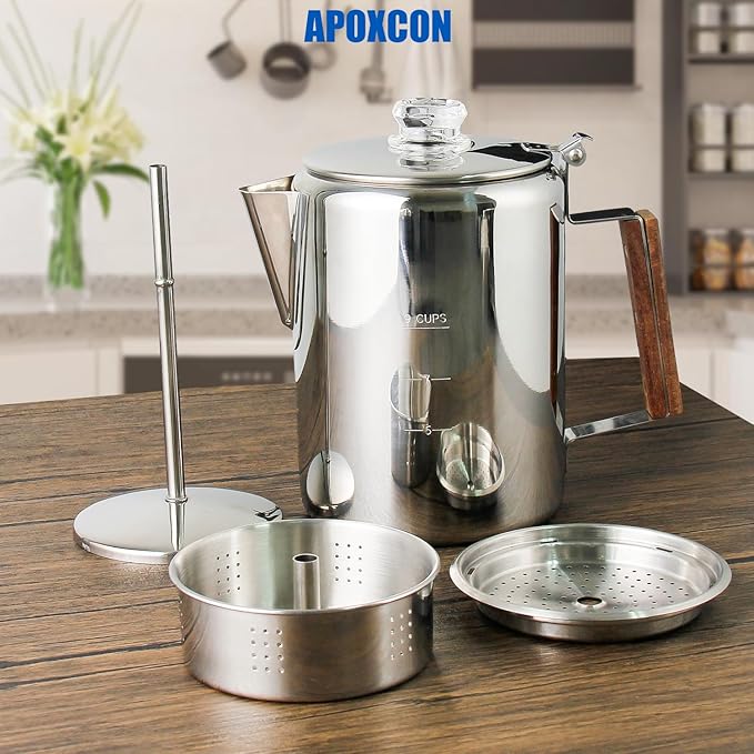 APOXCON Coffee Percolator Camping Coffee Pot Stainless Steel with Glass Knob Using on any Stovetop - NO Aluminum NO Plastic (9 Cup)