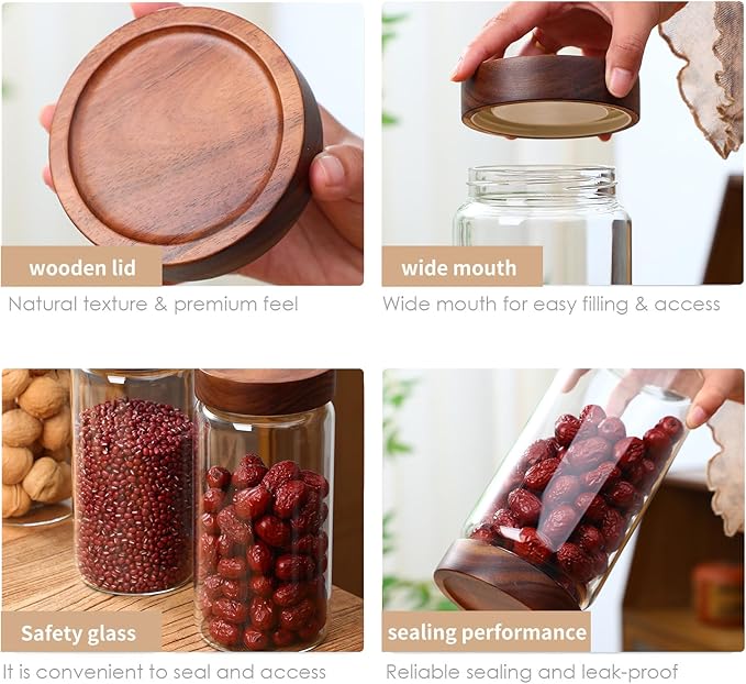 40.5 fl.oz -3 pack Glass Jars with screw Acacia Lids, Glass Food Storage Containers with Airtight Lids, Glass Container Jar Set for Coffee, Nut, Candy, Cereal, Sugar, Snacks, Blooming Tea,Spice