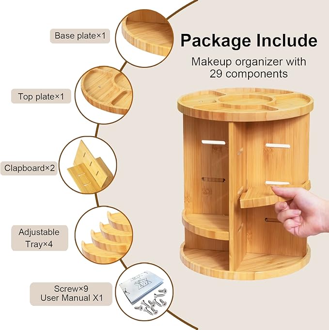 VVW Rotating Bamboo Makeup Organizer,360 Degree Spinning Adjustable Bamboo Vanity Makeup Holder Rack,Large Capacity Cosmetics Storage Display Box,Fits Makeup,Skincare,Cologne (Beige1)