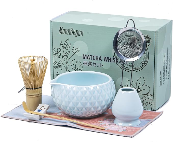 Matcha Whisk Bowl Set, 7PCS All-in-One Japanese Tea Set Includes Matcha Bowl with Spout, Bamboo Whisk (Chasen) with Stand, Scoop, Sifter, Complete Kit for Ceremony, Gift for Matcha Tea Lovers(Blue)