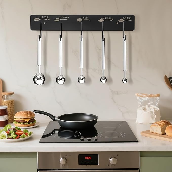 2 Pack Measuring Cups and Spoons Hanging Rack, Black Hanging Cups and Spoons Rack, Space Saving Kitchen Utensil Holder, Including Screw and Adhesive Mounting