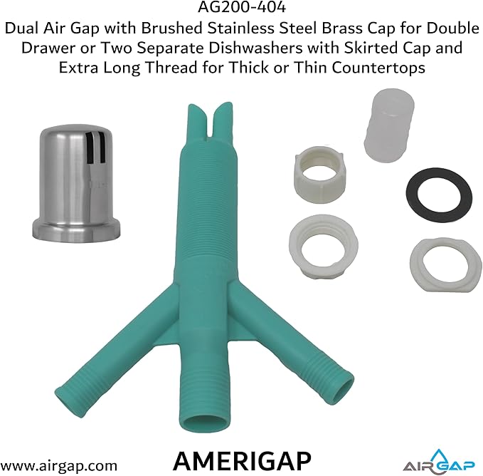 Dual Air Gap with Brushed Stainless Steel Brass Cap for Double Drawer or Two Separate Dishwashers with Skirted Cap and Extra Long Thread for Thick or Thin Countertops (AG200-404, AG200-X04, AMERIGAP)