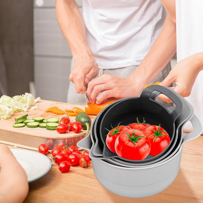 Mixing Bowls - 4 Piece Nesting Plastic Mixing Bowl Set with Pour Spouts and Handles - Non Slip Bottom and Measurement Markings (Light Gray)