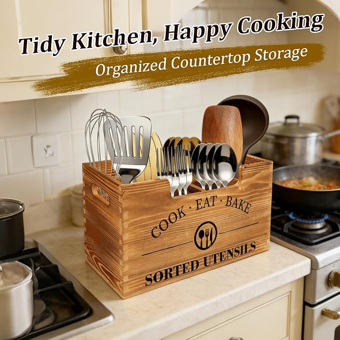 Upgraded Kitchen Utensil Holder for Counter or Countertop, Extra Large Utensil Holder with three Adjustable Combination Designs, Wooden Utensil Holder for Storage Cooking and Silverware