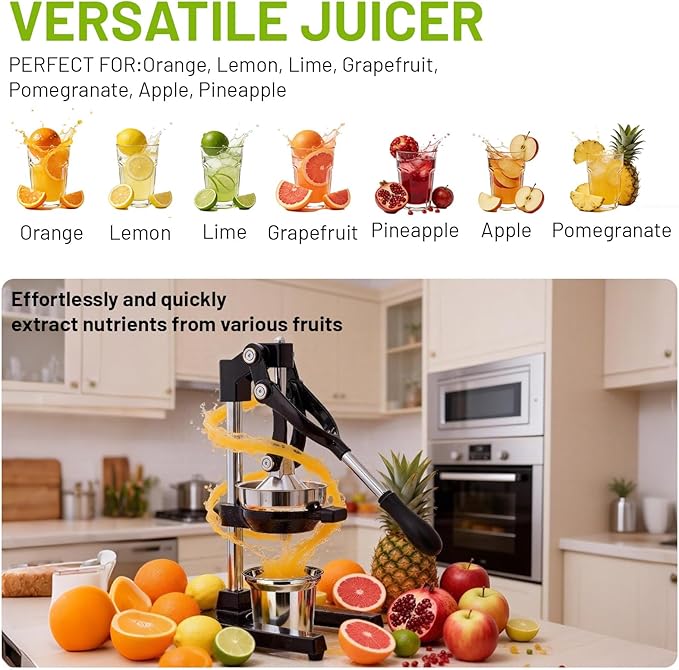 Cast Iron Juicer,Manual Juicer Hand Press,Professional Citrus Juicer,with Stainless Steel Cup,Easy to Use & Clean,Heavy Duty Stainless Steel Manual Juicer For Orange Juice,Pomegranate,Lemon(Black)