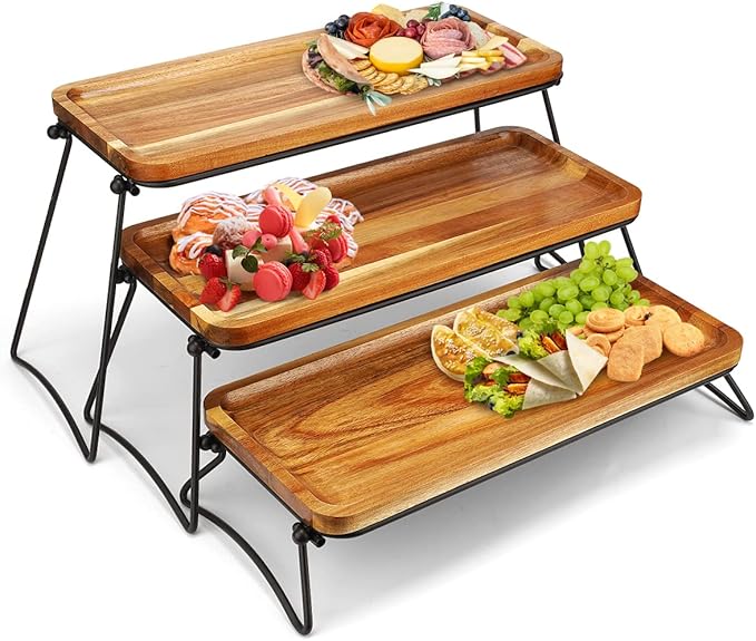 3 Tier Cupcake Stand and Towers Large Serving Tray for Party Acacia Wooden Dessert Table Display Set Decorative Tray Tiered Tray Decor Small Chees Charcuterie Boards Rustic Wood Serving Platters Trays