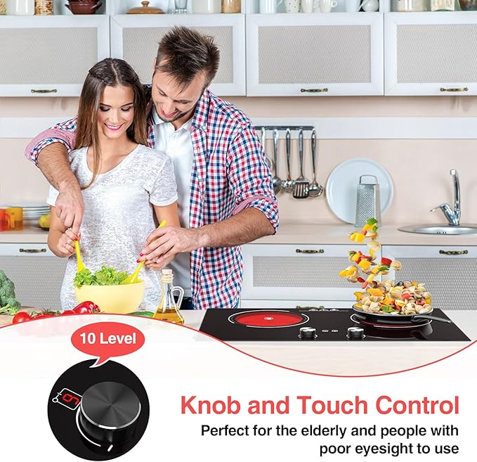 4000W Electric Cooktop: 24" Electric Stove 2 Burner Hot Plate Double Burner, Knob Control Countertop & Built-in, 9 Power Levels, Child Lock, Timer, Suitable for All Pans