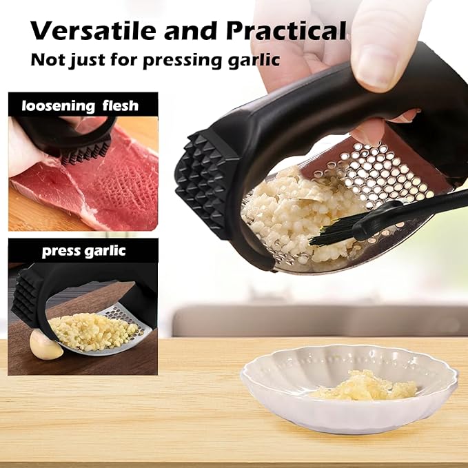 Garlic Press Rocker Set，Stainless Steel Garlic Mincer Tool with Garlic Peeler and Cleaning Brush Kitchen Gadgets Essentials Garlic Chopper