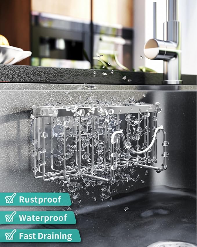 HapiRm Kitchen Sponge Holder for Sink - 2 Installation Methods Kitchen Sink Caddy Organizer with Unique M-Shaped, Rustproof Stainless Steel Sponge Caddy - Silver (Large)