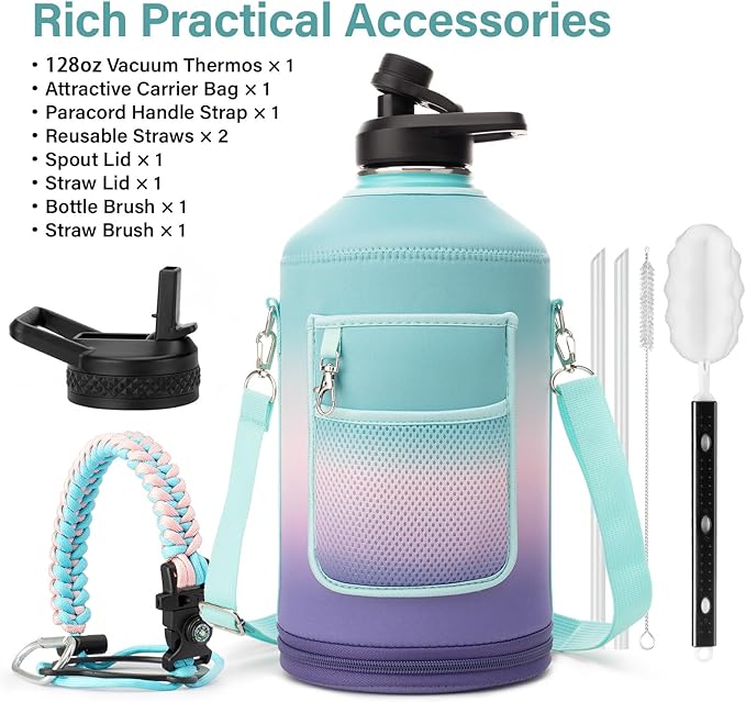 DYSANKY 1 Gallon Water Bottle Insulated | Thickened Stainless Steel Vacuum Metal Water Jug | Portable Sports Large for Gym and Hiking with Straw, Carrier Bag, Handle Strap | BPA-Free 128 oz