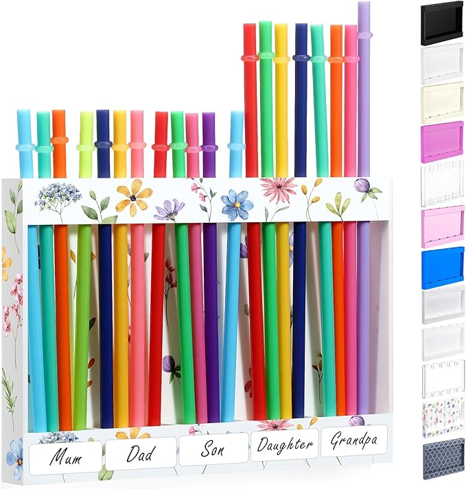 Qinyoung Acrylic Straw Holder for Cabinet Door with Double Sided Adhesive Tape Reusable Straw Organizer Tumbler Storage Kitchen Accessories Container for Counter Cupboard(Floral,Large,White)