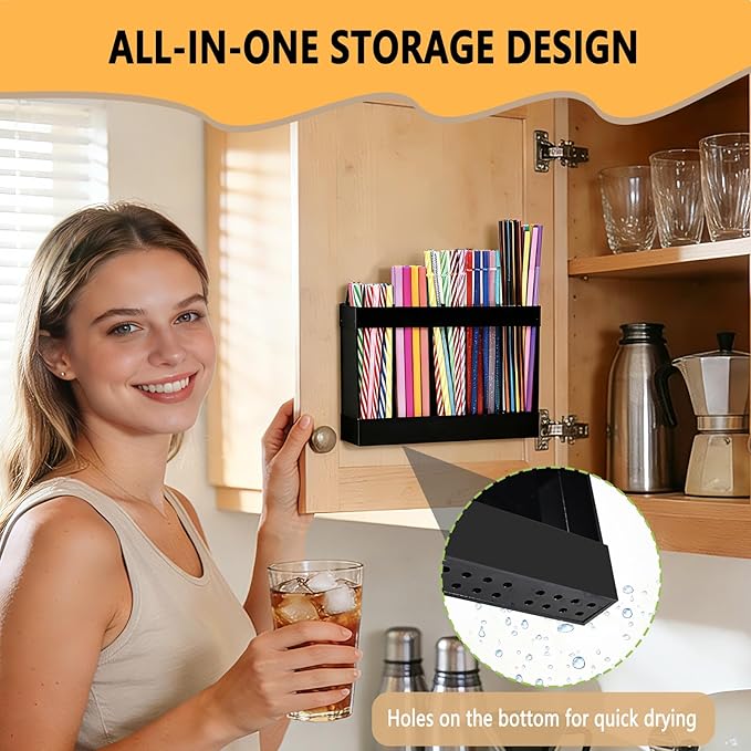 9.5" Large Acrylic Straw Holder for Cabinet Door-Reusable Tumbler Straw Organizer Storage,Small Kitchen Organizers and Storage Accessories Container, Ultra Sticky Cupboard Door Mounted(Black)