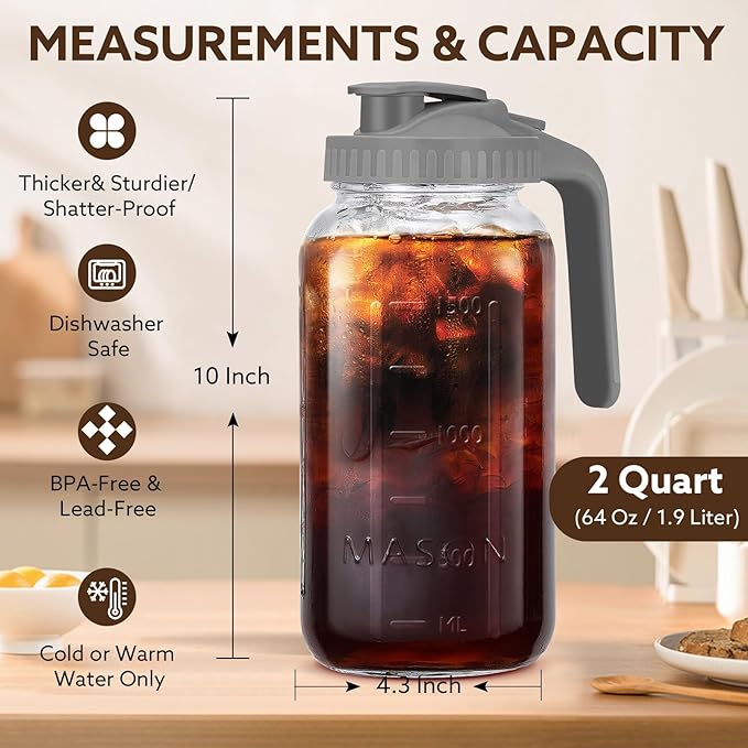 Mihlapi Glass Pitcher with Lid, 64 OZ Mason Jar Pitcher Double Leak Proof, 2 Quart Breast Milk Storage Containers for Fridge, Wide Mouth Glass Jar for Sun Tea, Juice, Cold Brew Coffee
