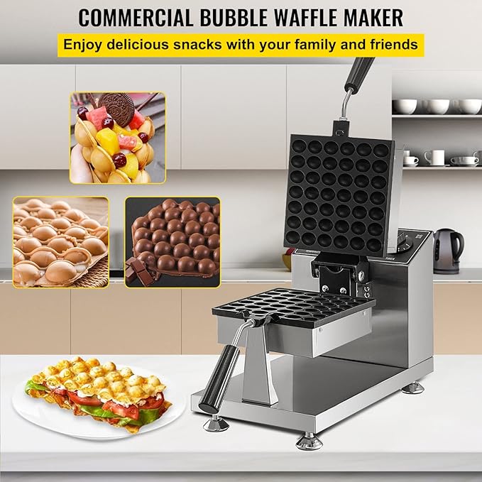 VEVOR Commercial Bubble Waffle Maker, 8" Square Mould, 1200W Egg Bubble Puff Iron w/ 360°Rotatable 2 Pans & Bent Handles, Stainless Steel Baker w/Non-Stick Teflon Coating, 50-300℃/122-572℉ Adjustable