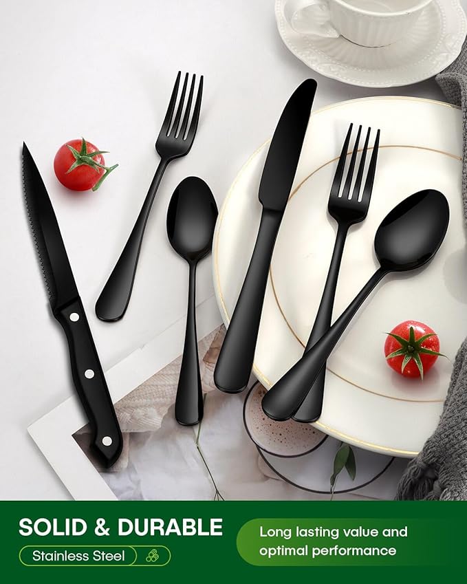 PHILIPALA 24-Piece Black Silverware Set with Steak Knives Food-Grade Stainless Steel Flatware Set for 4 Mirror Cutlery Dishwasher Safe Utensil Sets for Home Restaurant