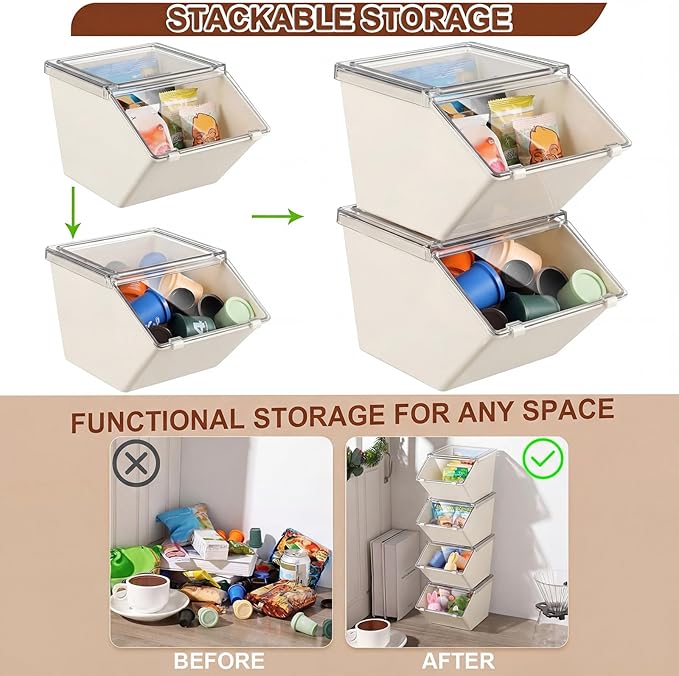 Yerliker 4 Pcs Clear Plastic Storage Bins with Lids Large Stackable Pantry Storage Organizer Bins Kitchen Organization Cabinet Organizers Ideal Containers for Fridge, Kitchen, Cabinets (White)