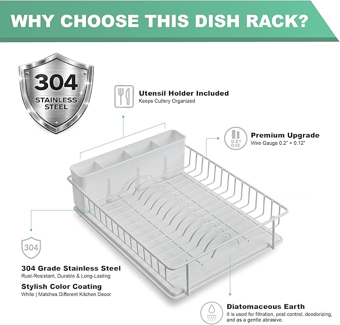 SunnyPoint 304 Stainless Steel Dish Drying Rack with Diatomaceous Earth Drainboard & Removable Utensil Caddy – Rust Resistant Countertop Dish Rack for Kitchen (White)