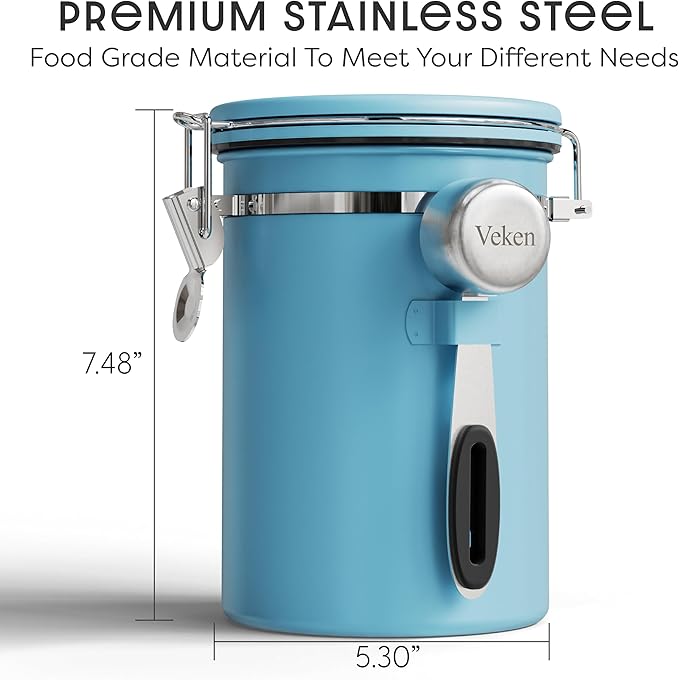 Veken Coffee Canister with Window, Airtight Stainless Steel Kitchen Food Storage Container with Lids, Date Tracker and Scoop for Grounds Coffee, Beans, Tea, Flour, Cereal, Sugar Jars, 22OZ, Blue