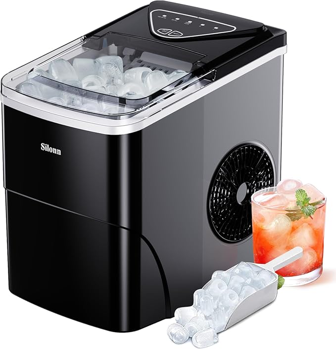 Silonn Countertop Ice Maker Machine, 26lbs in 24Hrs, Ice Cube Ready in 6-8 Mins, Self-Cleaning Ice Machine with Ice Scoop and Basket for Home Kitchen Office Bar Party