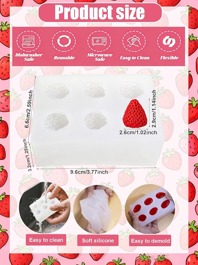 6 Cavity Strawberry Silicone Mold – Silicone Fruit Mold for Chocolate, Fondant, Candle, Resin & Cake Decor, 3D Strawberry DIY Baking Tool for Parties & Gifts
