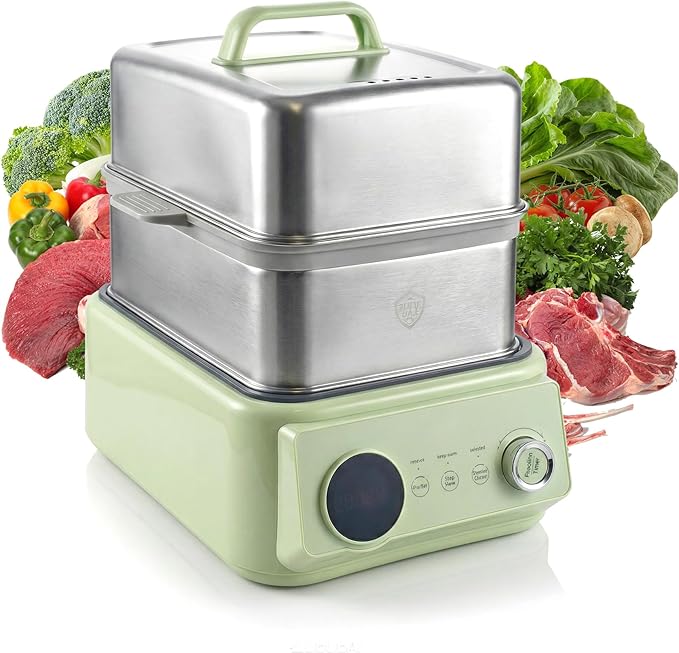 10.6 QT Double-Layer steamer for cooking, 304 Stainless Steel food steamer electric with Timer & Auto Shut-Off, Fast Heating Vegetable Steamer Electric for Veggies, Seafood, Rice,BPA-Free