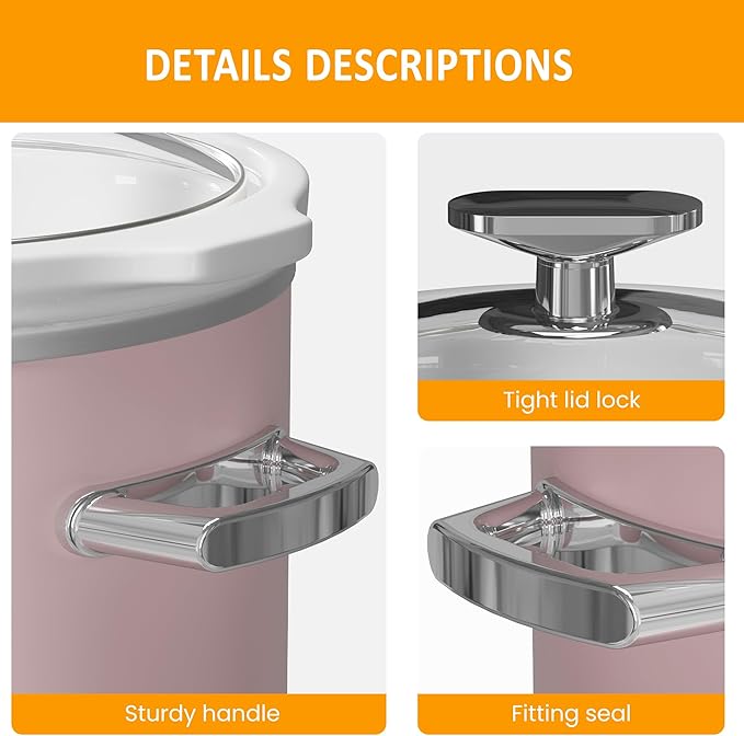Sunvivi 2 Quart Slow Cooker, Small Slow Cooker with Removable Ceramic Pot, Food Warmer with 3 Heating Settings & Dishwasher Safe Glass Lid, Pink