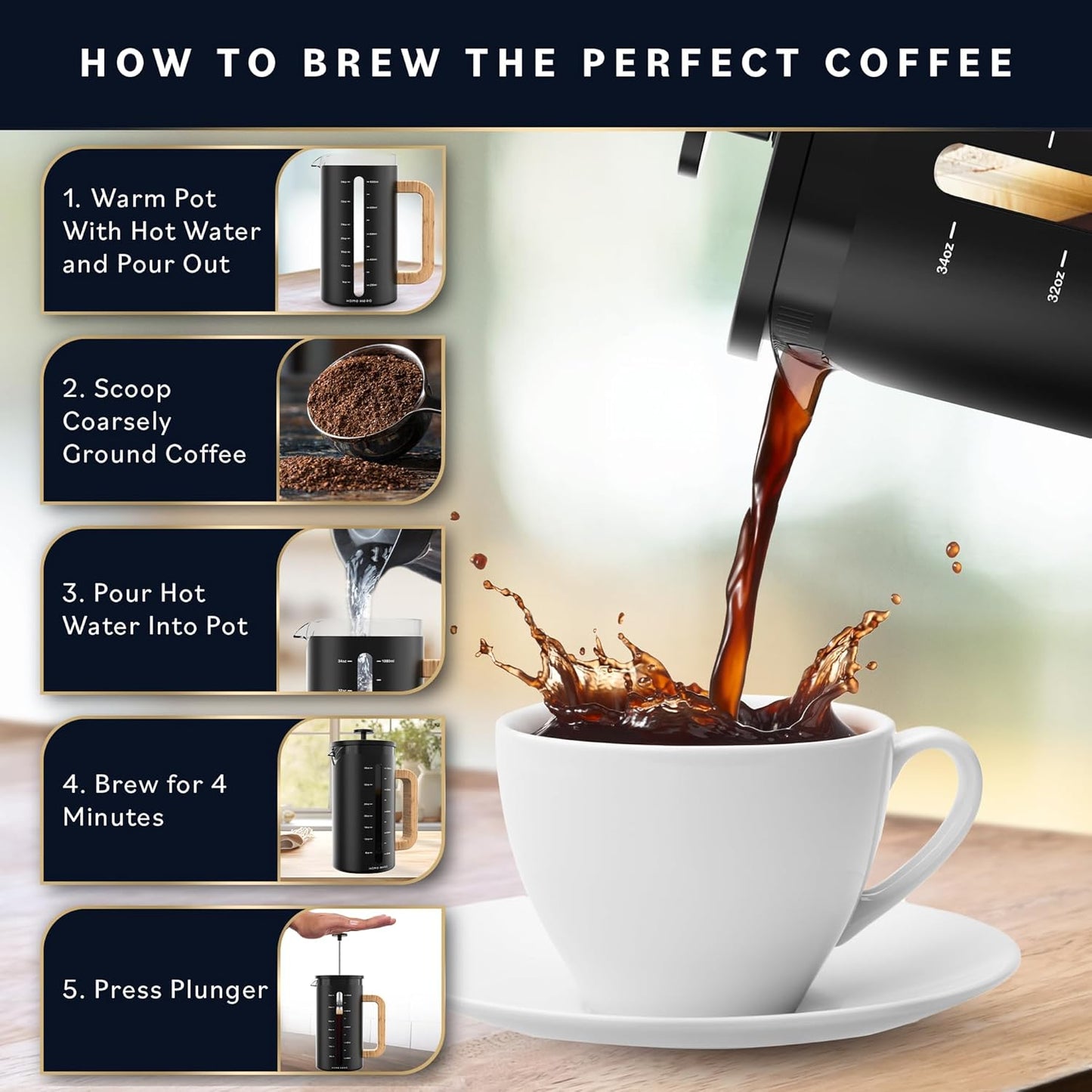Home Hero French Press Coffee Maker - 34 oz Coffee Press with Bamboo Wood Handle, Heat Resistant Thick Borosilicate Glass French Presses, 4 Layer Filter, French Press Stainless Steel (Black)