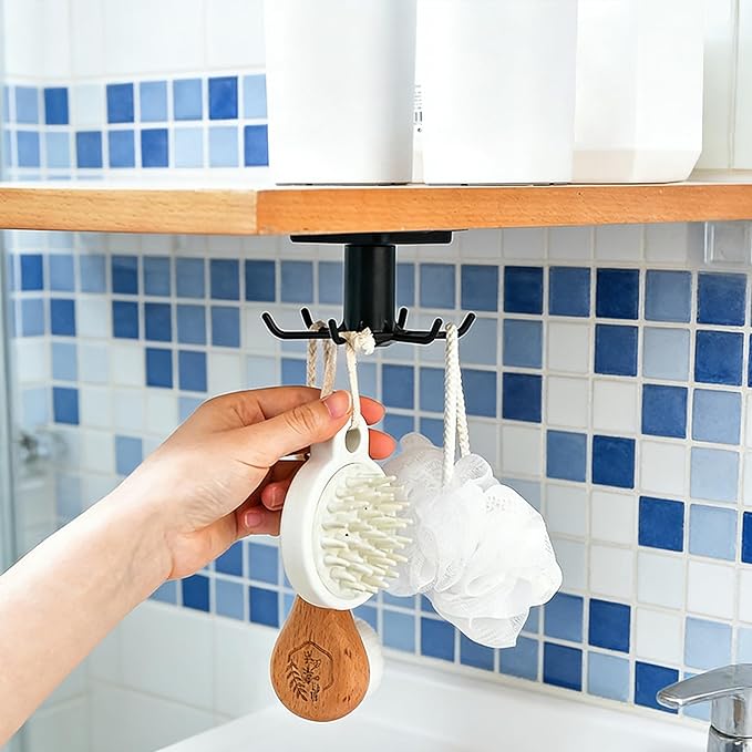 360° Rotating Kitchen Hooks, Adhesive Utensil Organizer Rack with 6 Hooks - No Drill Cabinet Mount for Spoons, Towels & Cups (2pcs)