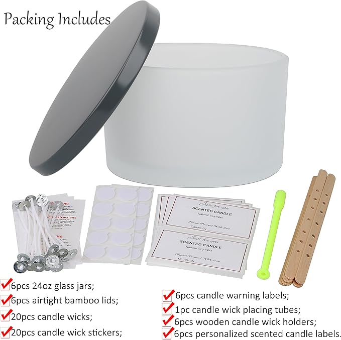 MILIVIXAY 6 Pack 24 oz Candle Jars with Metal Lids and Candle Making Kits - 3 Wick Candle Jar,Bulk Empty Frosted White Thick Glass Jars for Making Large Candles - Spice, Powder Containers