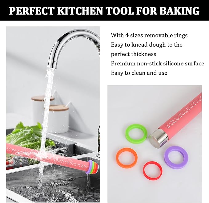 3Pcs Adjustable Rolling Pin Sets with Thickness Rings for Baking,Pastry Dough Roller with Silicone Mat and Brush,Non Stick Silicone Rolling Pin for Dough Cookie Baking Supplies Kitchen Accessories