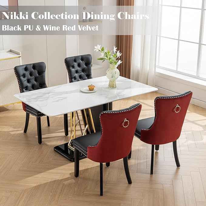 Dining Chairs Set of 4, Upholstered Dining Room Chairs with Back Ring Pull Trim and Solid Wood Legs, Modern Tufted Kitchen Chairs Perfect for Dining Room, Black Pu Leather Splicing WineRed Velvet