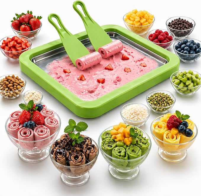 Ice Cream Roller Maker, At Home Rolled Ice Cream Maker Machine, Dairy Free & Frozen Yogurt Maker, Electric Free Countertop Ice Cream Machine with Spade for Rolls, Sorbet & Frozen Yogurt (Green)