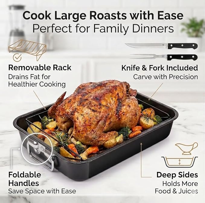 Moss & Stone 16.5” Roasting Pan with Rack – Heavy Duty Nonstick Carbon Steel Turkey Roaster, Large Rectangular Oven Pan with V-Rack, Bonus Carving Fork & Chef Knife