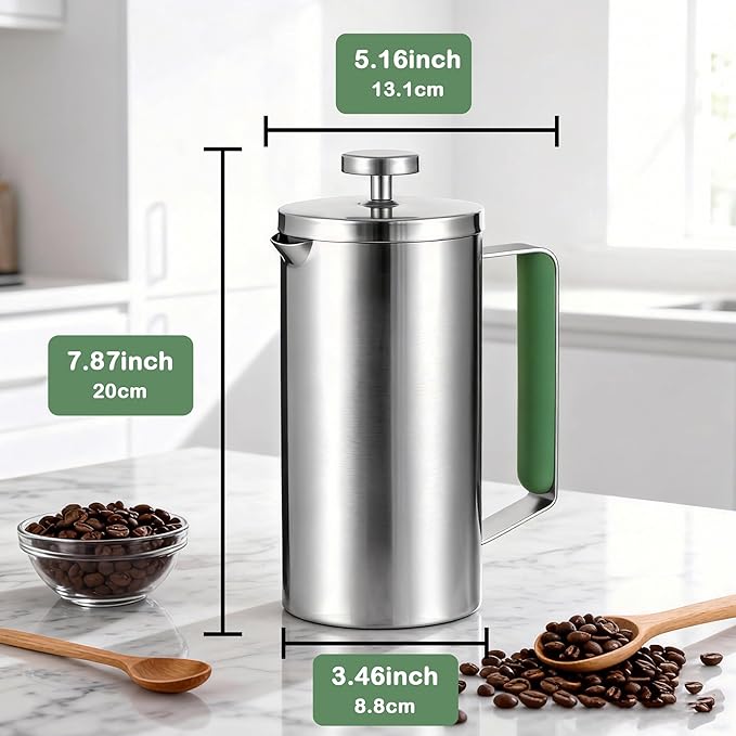 Stainless Steel French Press Coffee Maker 21OZ(0.6 Litre), Camping Coffee Press with Green Handle for Personal, Office, Travel(Sanding Silver, 1-3 Cups)