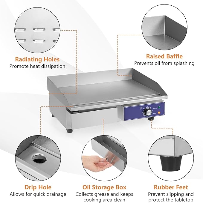 Giantex Commercial Griddle, 22" Electric Griddle 2000W, Cast Iron Griddle, Stainless Steel Frame, 122℉-572℉ Adjustable Temperature Control, Removable Oil Storage Box, Restaurant Teppanyaki Grill