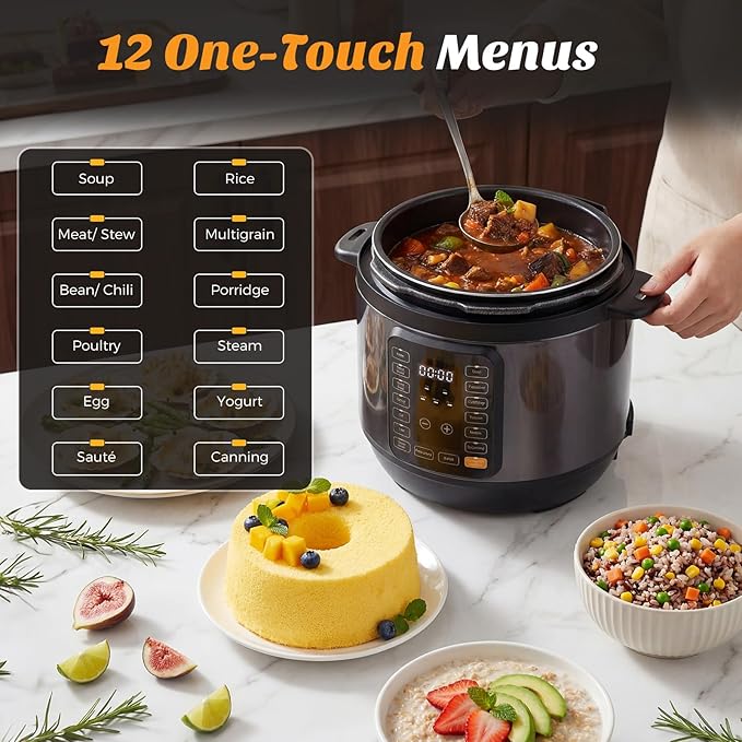 NEWBULIG 16-in-1 Electric Pressure Cooker, 8QT Multi Cooker with 12 Presets, Slow Cook Rice Steamer Sauté Soup Meat Stew Canning Yogurt Maker, Ceramic Inner Pot & Recipe Book Included, Black
