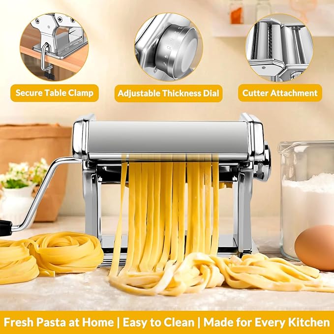 Pasta Maker with 7 Thickness Settings Roller, 2-in-1 Cutter, Hand Crank and Table Clamp, Stainless Steel Manual Pasta Machine for Spaghetti, Fettuccine, Lasagna, Ravioli