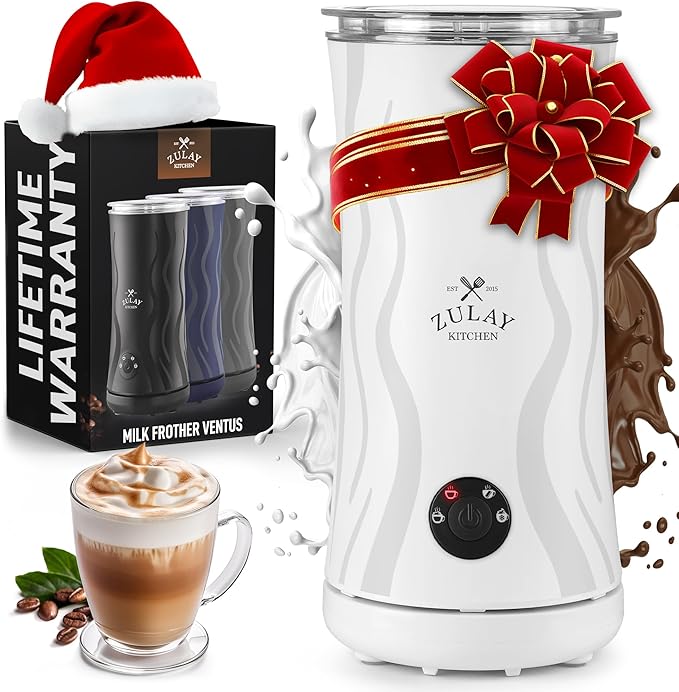 Zulay 4-in-1 Milk Frother and Steamer - Automatic Hot and Cold Foam Maker with Auto Shut Off & Temperature Control for Coffee, Latte, Cappuccino, Hot Chocolate - White