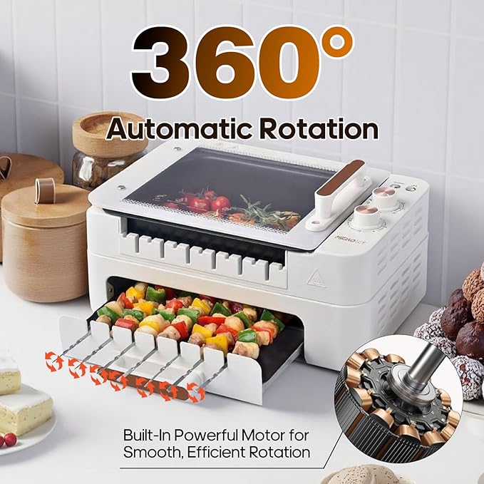 3-IN-1 Skewer Electric Indoor Grill - 1000W Electric Grill with 360° Auto-Rotating, Smokeless Indoor Grill with 3 Cooking Modes, Temperature Adjustable, Removable Tempered Glass Lid