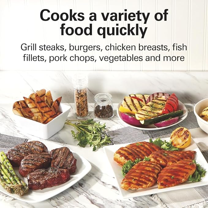 Hamilton Beach Electric Indoor Grill,6-Serving,Large 90 sq. in. Nonstick Easy Clean Plates,Floating Hinge for Thicker Foods,1200 Watts,6.38"D x 12.68"W x 13.78"H,Silver (25371),(Pack of 2)