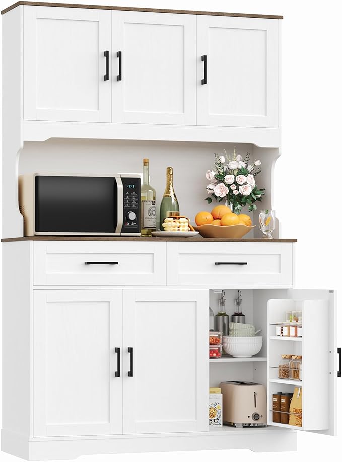 FACBOTALL Tall Kitchen Pantry Cabinet, Farmhouse Food Pantry Cabinet with Doors and Adjustable Shelves, Kitchen Hutch with Countertop and Microwave Stand for Dining Room, Living Room, White