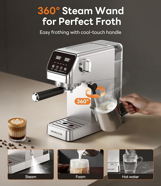 Aromaster Espresso Machine 20 Bar with Milk Frother, Easy to Use Compact Espresso Maker with Touchscreen, Fast Heat 1400W for Latte & Cappuccino, Stainless Steel Coffee Machine for Home & Office