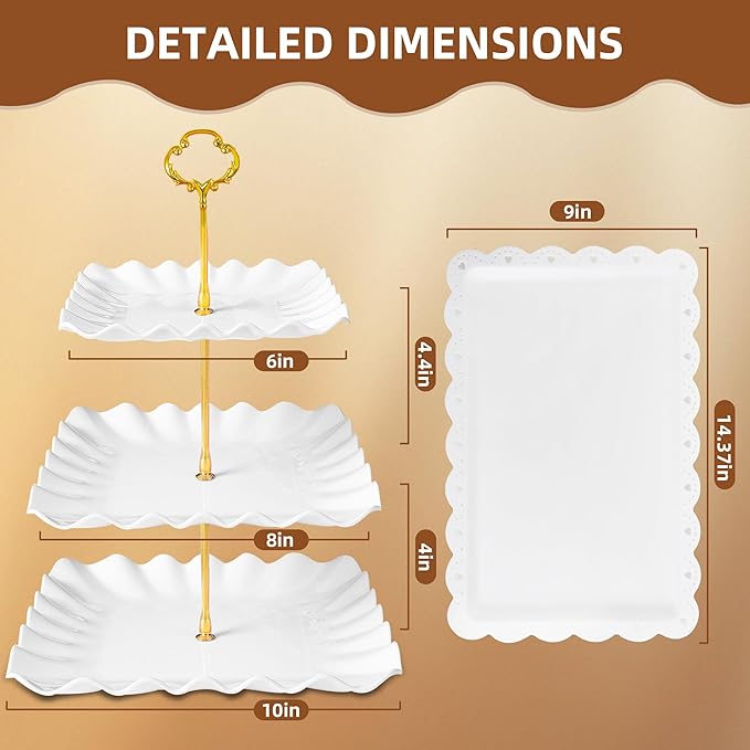 10 Pack Dessert Table Display Set - 4 x Three-Tier Square Cupcake Stands and 6 x Serving Trays, Elegant Tableware for Cakes, Cupcakes, Pastries, and Snacks, Perfect for Parties (Black)