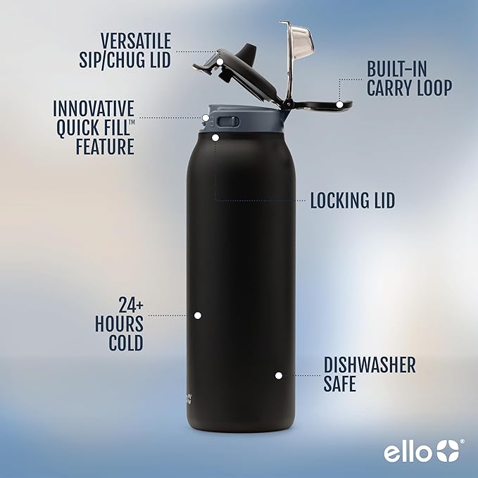 Ello Pop & Fill 40oz Stainless Steel Water Bottle with Quick Fill Technology, Double Walled and Vacuum Insulated Metal, Leak Proof Locking Lid, Sip and Chug, Reusable, BPA Free, Tonal Black