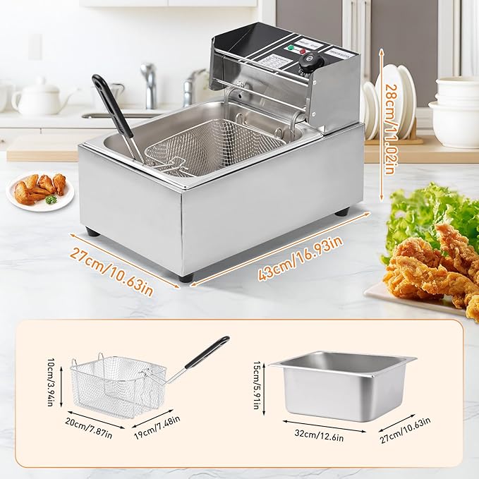 Electric Deep Fryer – 6L Large Capacity Deep Fryer with Detachable Basket, Adjustable Temperature Control, 1600W Stainless Steel Commercial Fryer for Restaurant & Home – Perfect for Chicken, Fries