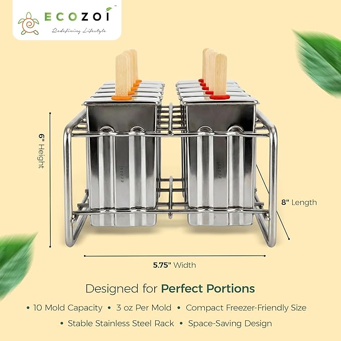 ecozoi Stainless Steel Popsicle Molds and Rack - 10 Square Ice Pop Makers + 50 Reusable Bamboo Sticks + 20 Silicone Seals + 1 Cleaning Brush + 1 Rack