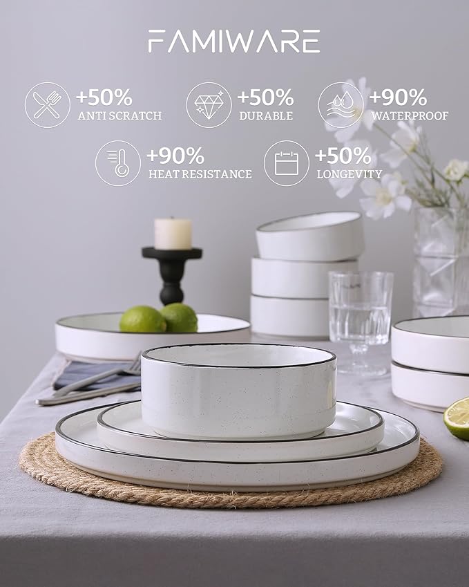 Famiware Nebula Plates and Bowls Sets, 18 Pieces Dinnerware Sets, Dishes Set for 6, White with Black Rim