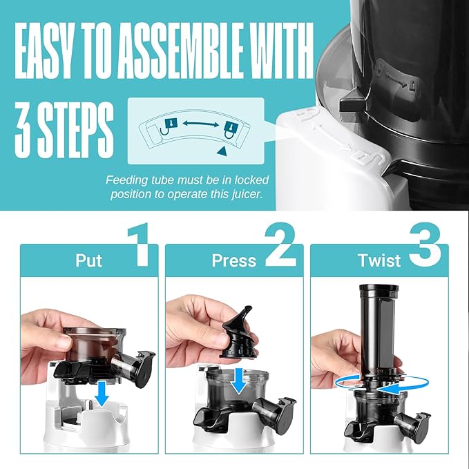 Ventray Ginnie Mini Cold Press Juicer, Small Slow Masticating Juicer for Vegetables and Fruits, High Juice Yield, Easy to Clean, Space-Saving, Fit for Personal/Travel/Picnic/Office - White