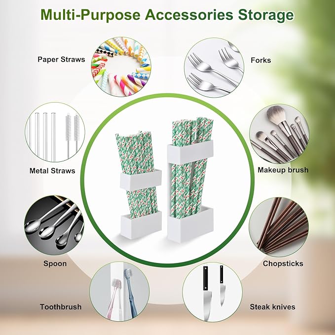 2 PACK Acrylic Straw Holder for Cabinet Doors, Reusable Straw Organizer with Ultra-Sticky Adhesive, Small Kitchen Accessories Container, Fits Both Short & Long Straws (White)