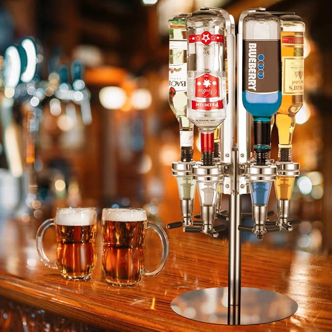 Liquor Dispenser, Alcohol Bar Rotating Liquor Holder Stainless Steel 6 Bottle Professional Revolving Liquor Dispenser